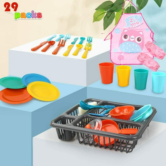 NimJoy Colorful Kitchen Toy Plate Set Learning Toy for Girls 3-6 Years Boys with Drainer, 29Pcs Play Dishes Set - Ideal Teaching Gift to Toddlers