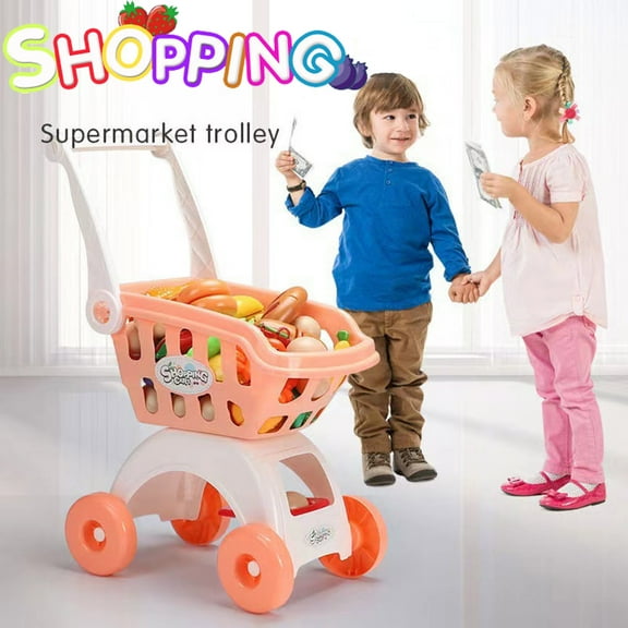 NimJoy Kids Big Toy Shopping Cart W/Cutting Foods ABS Toy for Girls 3-6 Years Boys, Pretend Play Shopping Grocery Play Set Gifts to Toddlers, 20Pcs Warm Orange