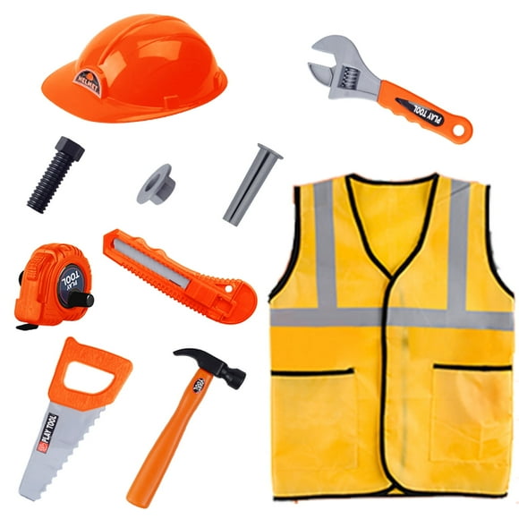 NimJoy Kids Construction Worker Costume Dress-up Set Pretend Role Play Engineer Kit Preshool Toys for Boys 3-6 Year Toddle Birthday Christmas Presentr, 10Pcs Orange