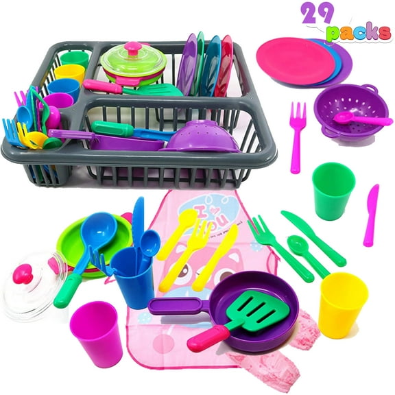 NimJoy Kids Dishes Set with Drainer Preschool Toy for Girls 3-6 Years Boys, 29Pcs Durable Pretend Play ABS Dish Kit Gift to Toddlers, Multi-Color