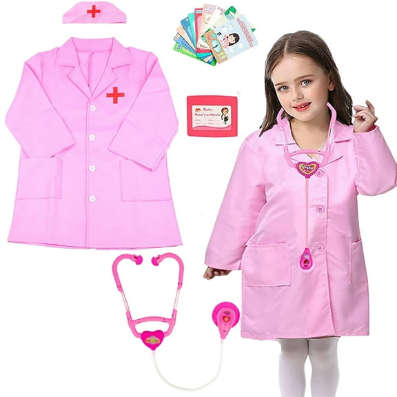NimJoy Kids Doctor Costume Dress-up Set Pretend Role Play Nurse Kit Preshool Toy for Girls 3-6 Years Toddler Birthday Christmas Present, 14Pcs Pink