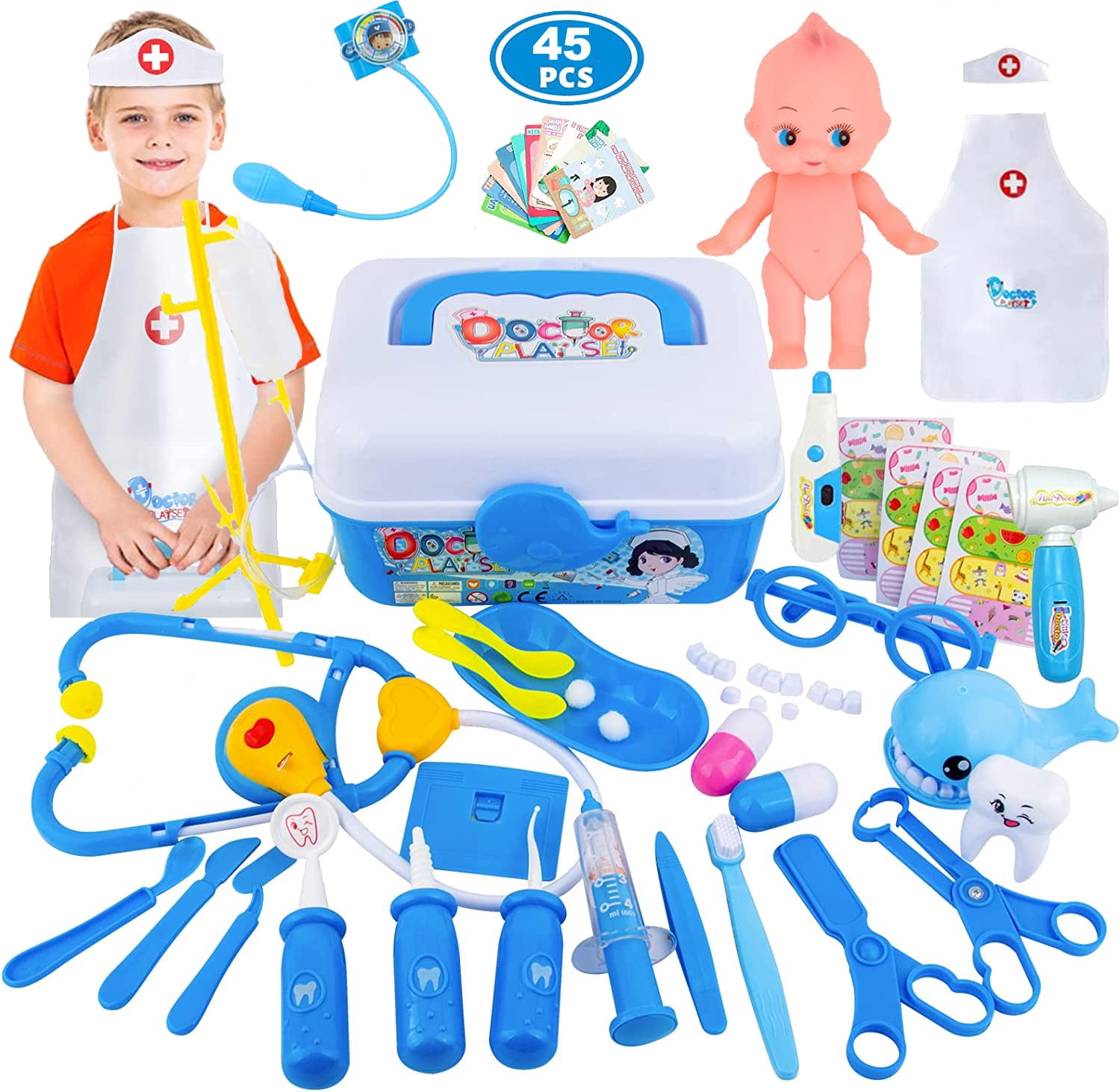 NimJoy Kids Doctor Kit Preshool Toy for Boys 3-6 Year Girls Birthday Christmas Present, 45PCS Blue Durable Toy Stethoscope & Braces Dental Medical Kits Pretend Play Dentist Set Gifts to Toddler