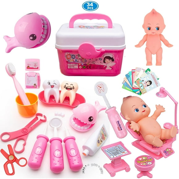 NimJoy Kids Doctor Play Set W/Exam Chairs & Braces Toy for Girls 3-6 Years Boys, Durable 34PCS Pink Teeth & Dental Medical Kits Pretend Play Dentist Kit Gifts to Toddler Birthday Christmas Present