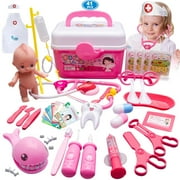 NimJoy Kids Toy Doctor Kit for Girls 3-6 Years Boys, 41PCS Pink Toy Stethoscope & Braces Medical Kit Preschool Pretend Play Dentist Set Gift to Toddler Birthday Christmas Present