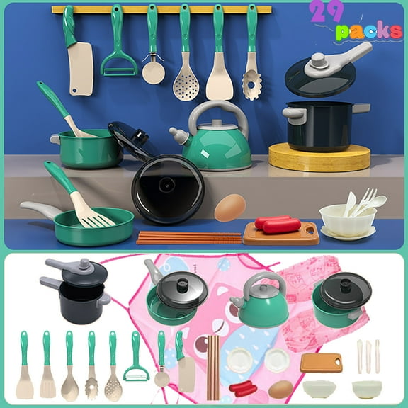 NimJoy Pretend Play Cooking Set W/ABS Cookware Kits Toys for Girls 3-6 Years, Preschool Play Kitchen Pots Pans Food Utensils Gift to Toddler Boys & Girls, Green