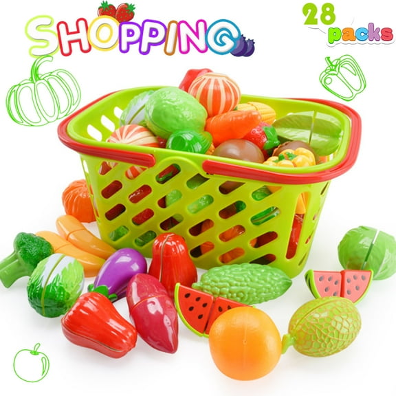 NimJoy Pretend Play Grocery Shopping Basket Toy for Girls 3-6 Years - Kids Food Play Set, 28Pc Mutil-Color Sliceable Fruit and Vegetable to Toddlers Pretend Food