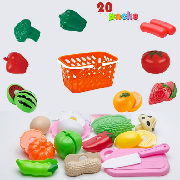 NimJoy Pretend Play Sliceable Fruit and Vegetable Toy for Girls 3-6 Years Kids, Play Dinner Foods Basket Set Gift to Toddlers Pretend Food, Multi-Color
