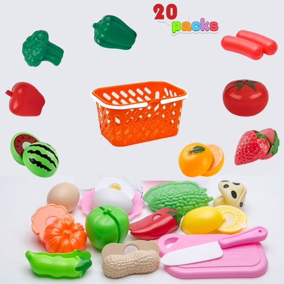 NimJoy Pretend Play Sliceable Fruit and Vegetable Toy for Girls 3-6 Years Kids, Play Dinner Foods Basket Set Gift to Toddlers Pretend Food, Multi-Color