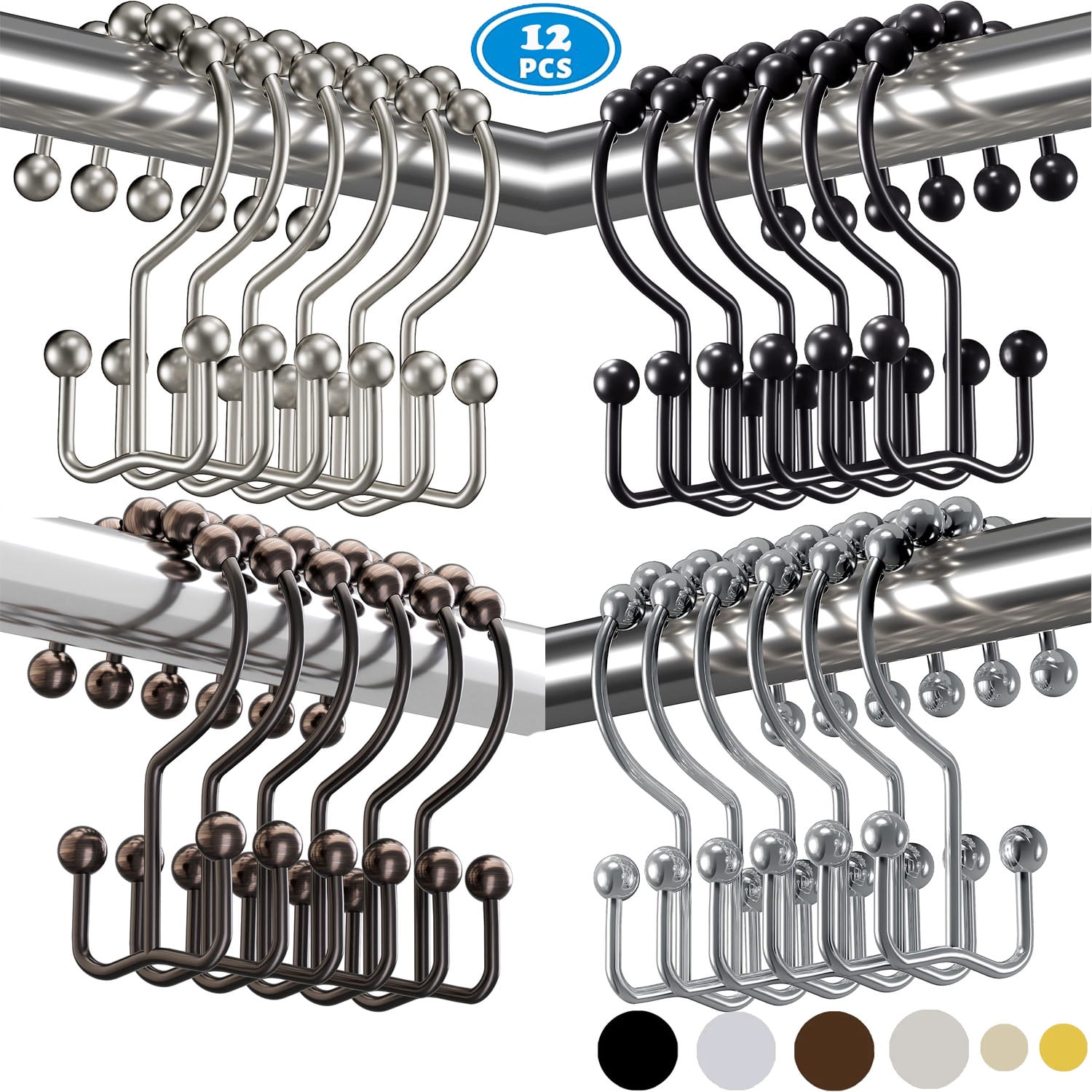Bronze Double Hook Rust-Resistant Shower Curtain Rings, Set of 12