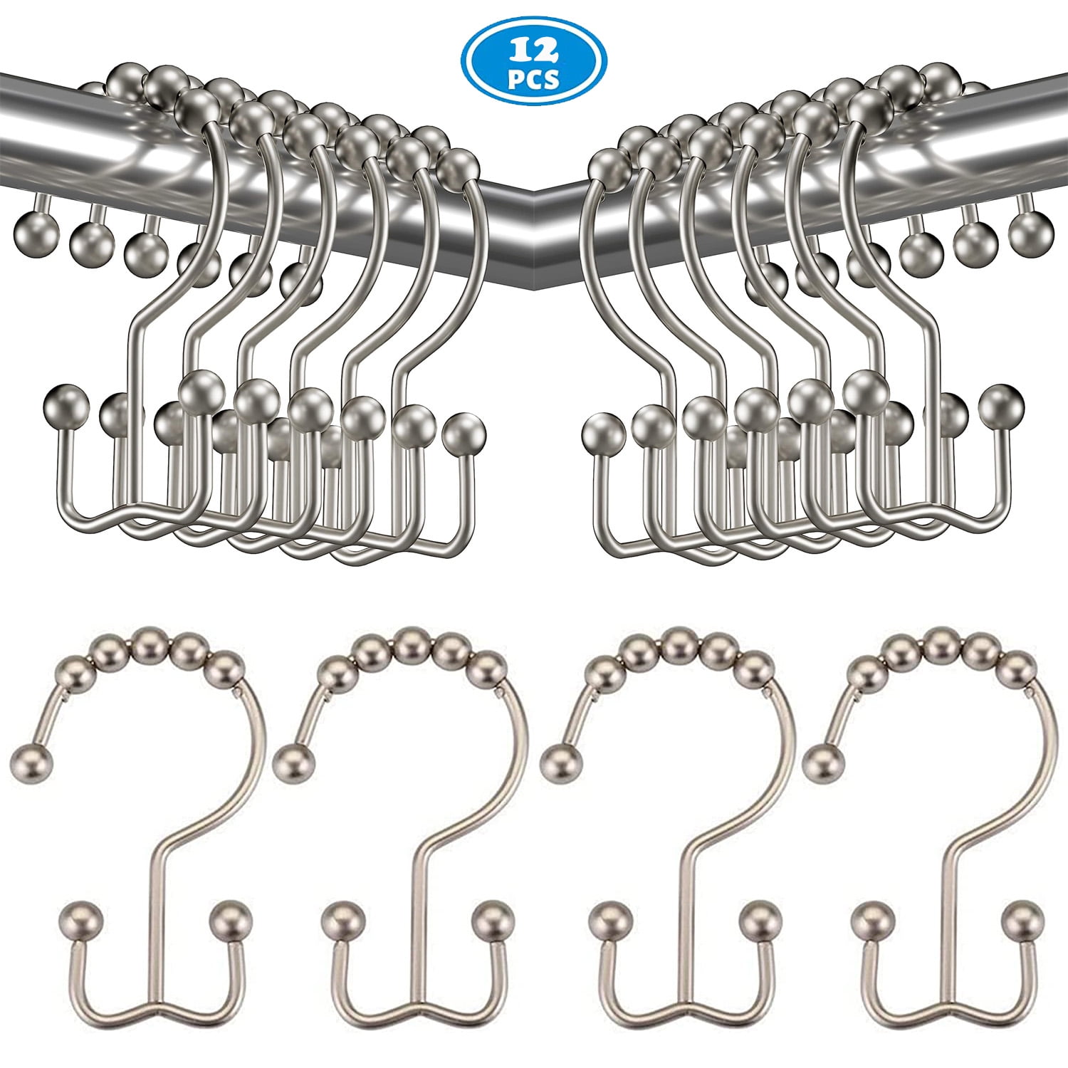 NimJoy Set of 12 Double Shower Curtain Hooks, Easy Glide Metal Rollerball Shower Ring Hook