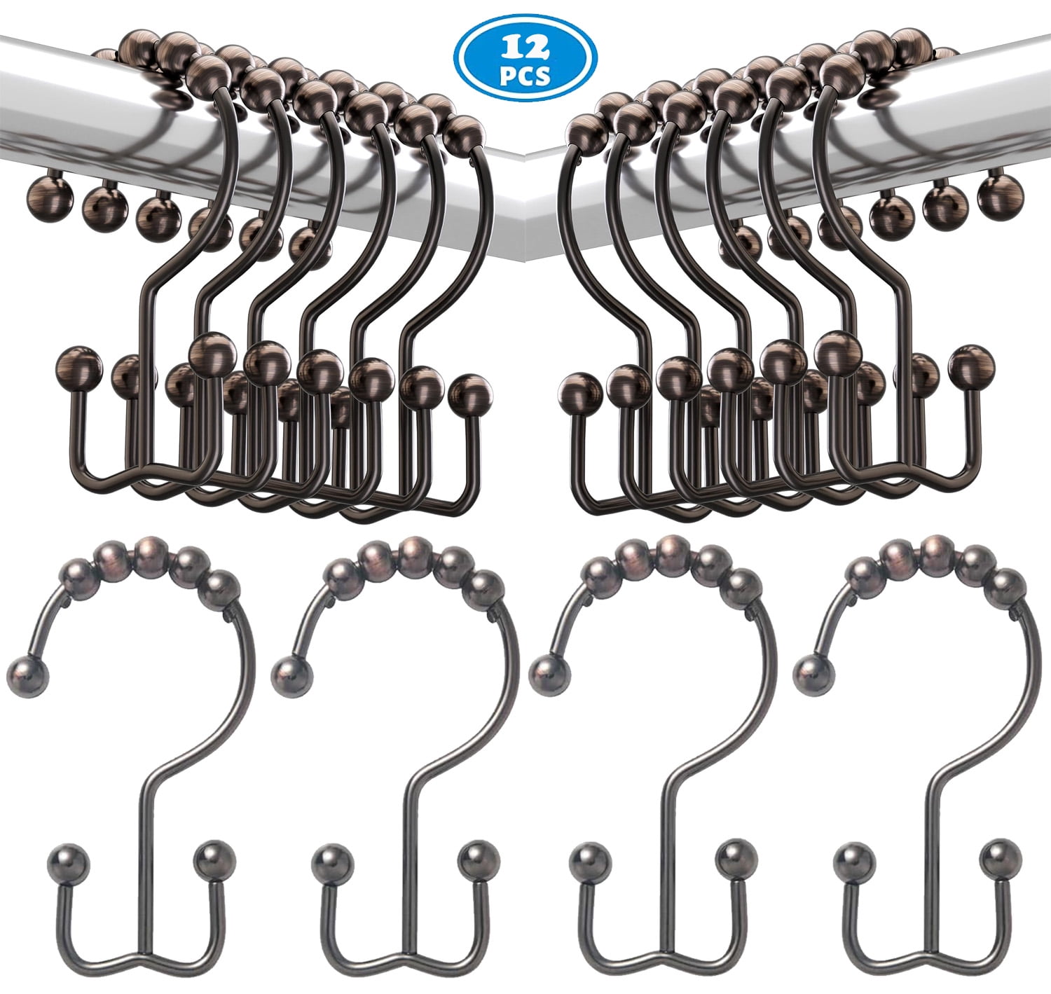 NimJoy Set of 12 Double Shower Curtain Hooks, Easy Glide Metal