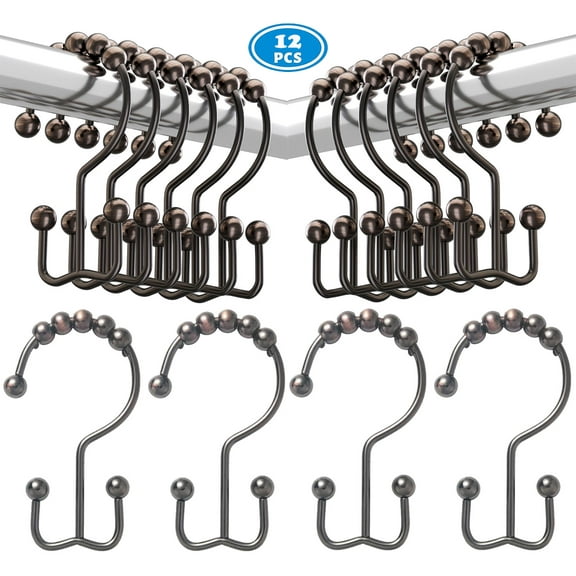 NimJoy Set of 12 Double Shower Curtain Hooks, Easy Glide Metal Rollerball Shower Ring Hook, Plated Bronze Finish