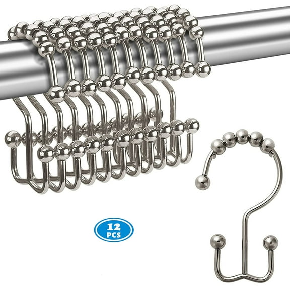 NimJoy Set of 12 Rollerball Shower Curtain Ring Hook, Rustproof Stainless Steel Easy Glide Shower Double-Hooks, Polished Nickel Finish