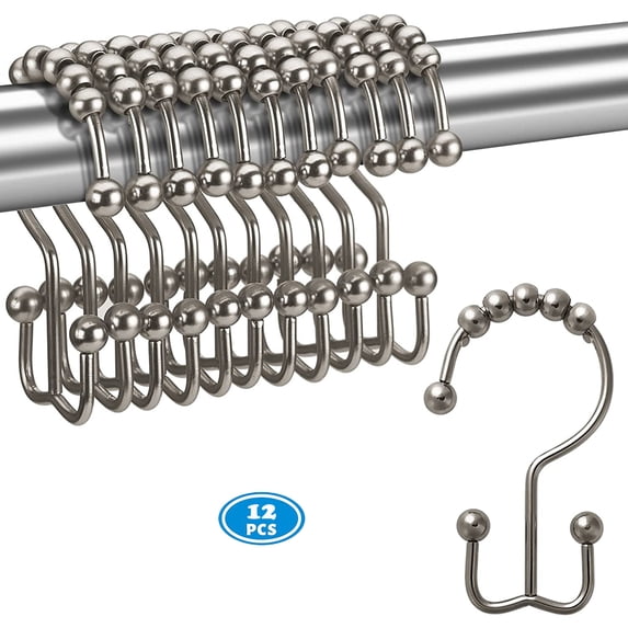 NimJoy Set of 12 Shower Curtain Rings Hook, Rust-Resistant Stainless Steel Glide Shower Double-Hooks, Brushed Matte Nickel Finish
