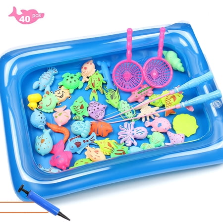 NimJoy Toddler Fishing Set Learning Toy W/Inflatable Pool & 39 Pcs Fishin' Bath Toy Play Set for Kids Water Table Bathtub Kiddie Pool Party