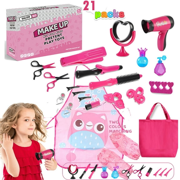 NimJoy Toy Hair Stylist Play Set W/Bag & 21 Pink Hairstyling Accessory Preshool Toy for Girls 3-6 Years, Pretend Play Kids Beauty Set to Toddler Play Makeup Learning