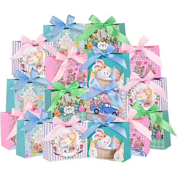 24 Pcs Small Easter Gift Bags, 4.5 x 3.9 x 1.8 Inch 6 Unique Patterns Easter Bags for Goodies, Candy, Gifts Wrapping, Party Supplies