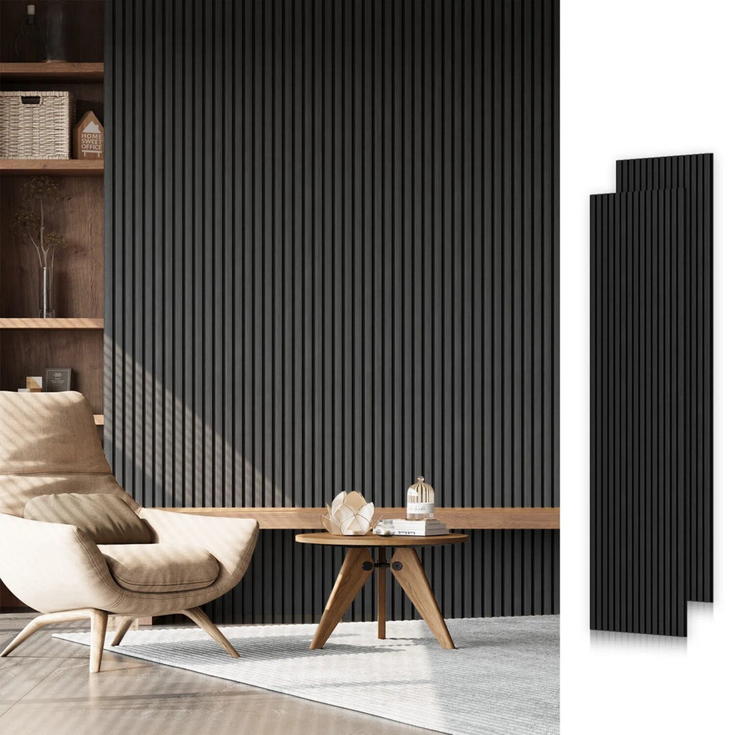 Easy4Home 2Pcs Acoustic Wood Slat Wall Panels 106"x20.5" Soundproof 3D Fluted Decorative Panels, Black Oak