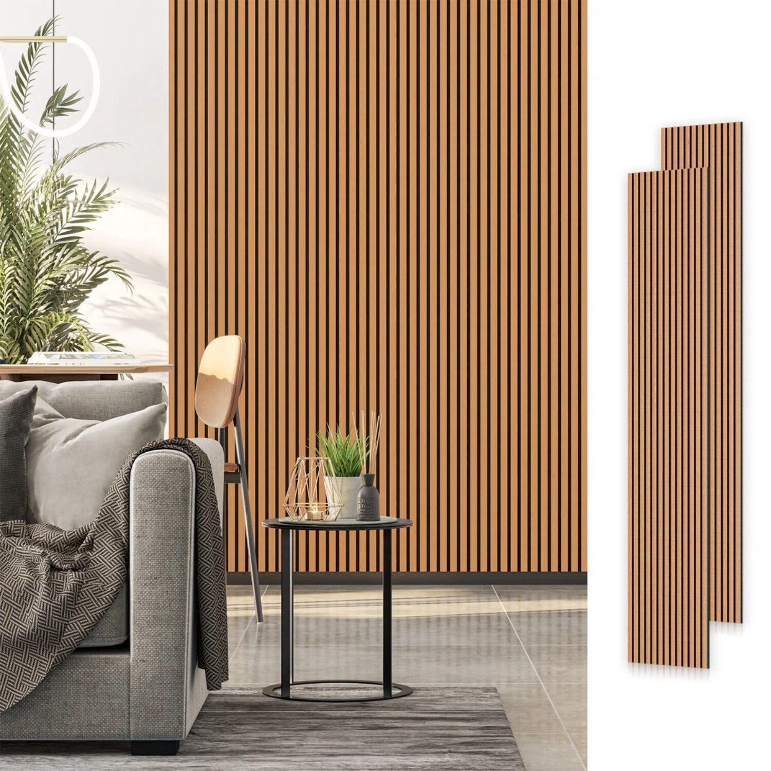 Easy4Home 2Pcs Acoustic Wood Slat Wall Panels 106"x20.5" Soundproof 3D Fluted Decorative Panels, Light Brown