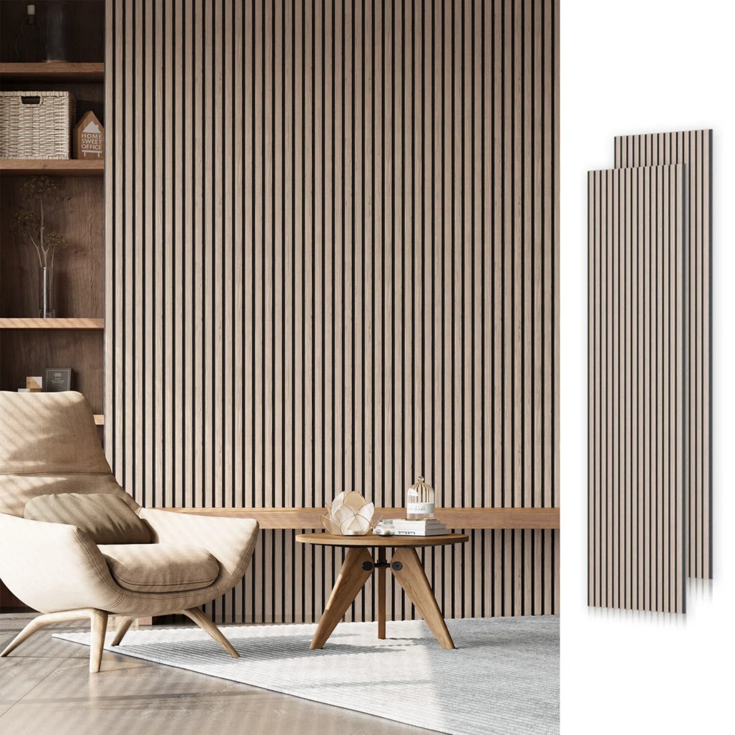 Easy4Home 2Pcs Acoustic Wood Slat Wall Panels 106"x20.5" Soundproof 3D Fluted Decorative Panels, Walnut