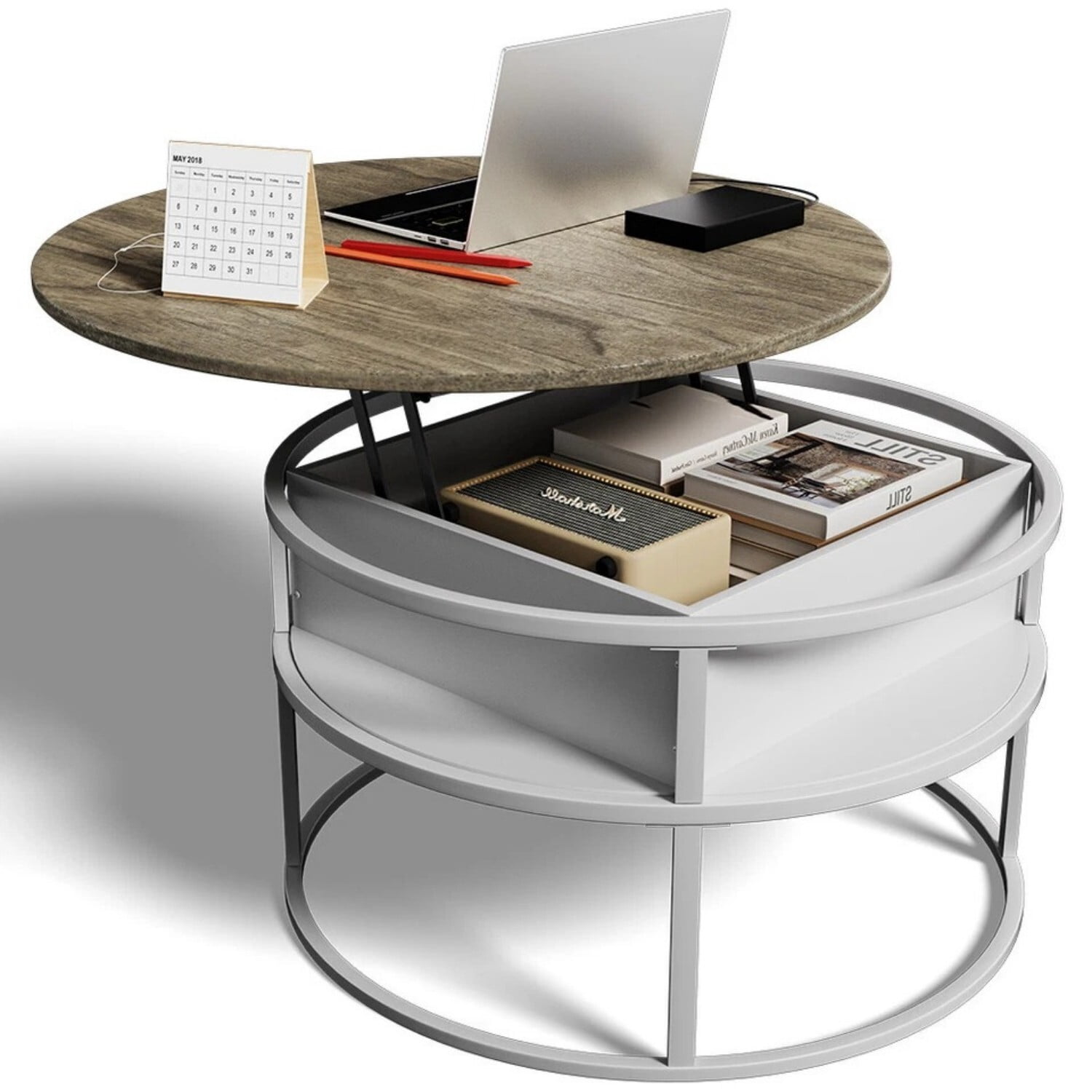 Center Table Light NimbleRest Lift-Top Round Coffee Table with Hidden Compartment Storage ...