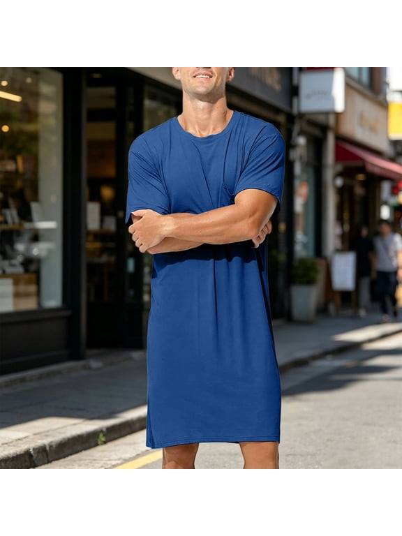 Men's Pajamas Nightshirt Crewneck Long Sleep Shirt with Side Slits for Men