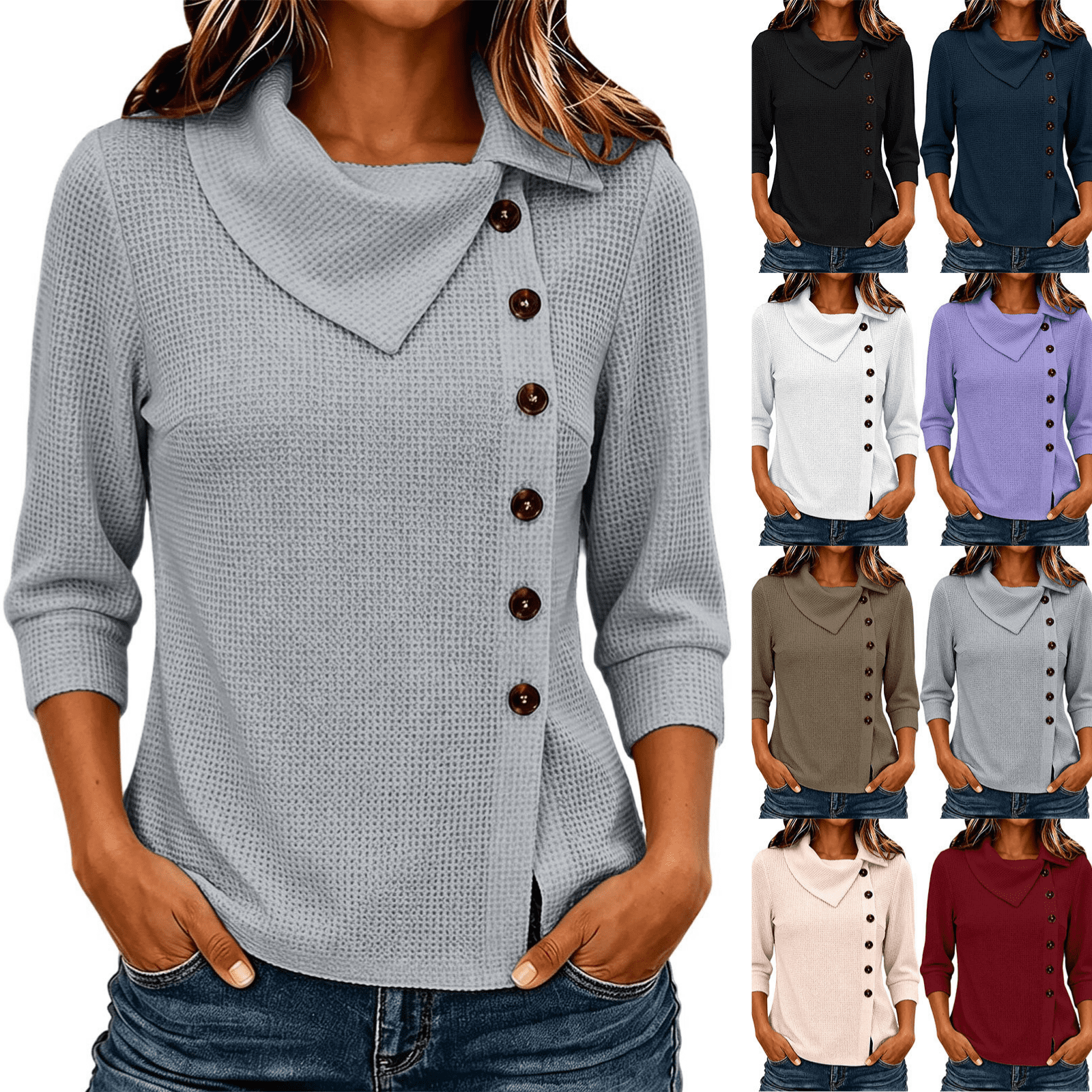 Nimbly Women's Button Down Top with Collar and Three Quarter Sleeve ...