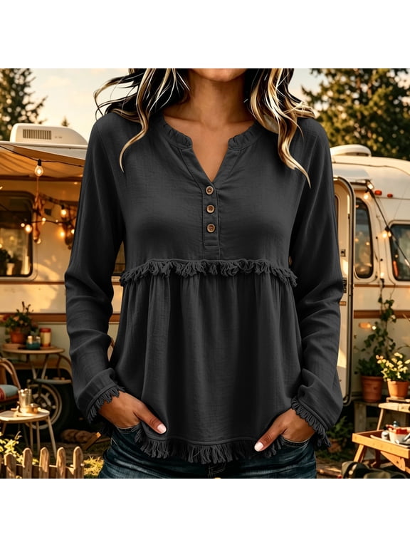 Women's Fringe Trim Top for Fall with Long Sleeve