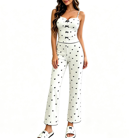 Nimbly Women's Pajama Set Spaghetti Strap Bow Cami Top with Heart Print Pants for Women