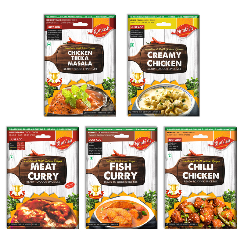 Nimkish Combo Pack of 5 Instant Premix - Chicken Tikka Masala, Meat Curry, Creamy Chicken, Chilli Chicken, Fish Curry