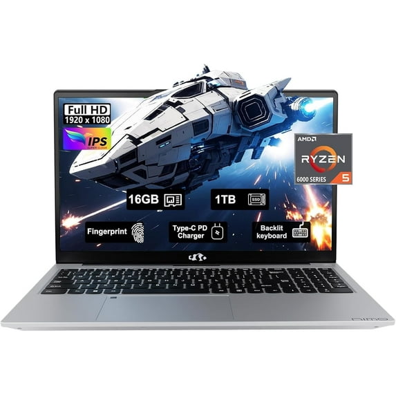 Nimo 2025 Laptop, 15.6"FHD Display Business Gaming Laptop, 6-Cores AMD Ryzen 5 6600H (Beat i5-12450H, up to 4.5GHz), 16GB DDR5, 1TB SSD, 100W Type-C, WiFi 5, Fingerprint, Backlit Keyboard, Windows 11