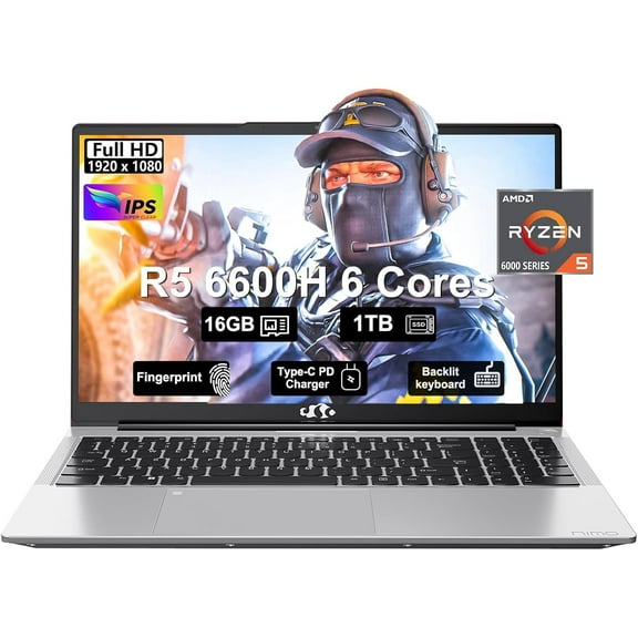 Nimo 2025 Laptop, 15.6"FHD Display Business Gaming Laptop, 6-Cores AMD Ryzen 5 6600H (Beat i5-12450H, up to 4.5GHz), 16GB DDR5, 1TB SSD, 100W Type-C, WiFi 5, Fingerprint, Backlit Keyboard, Windows 11
