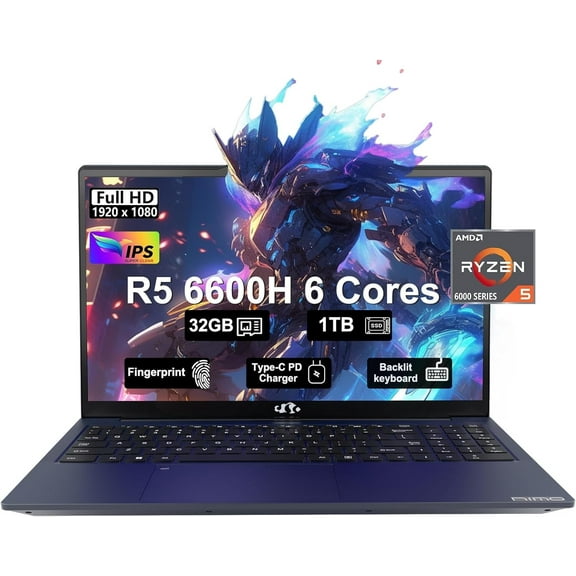 Nimo 2025 Laptop, 15.6"FHD Display Business Gaming Laptop, 6-Cores AMD Ryzen 5 6600H (Beat i5-12450H, up to 4.5GHz), 32GB DDR5, 1TB SSD, 100W Type-C, WiFi 5, Fingerprint, Backlit Keyboard, Windows 11