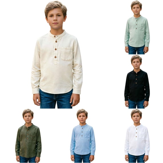 NinXxx Boys Button Up Long Sleeve Dress Lightweight Pocket Shirt Beige 5-6 Years