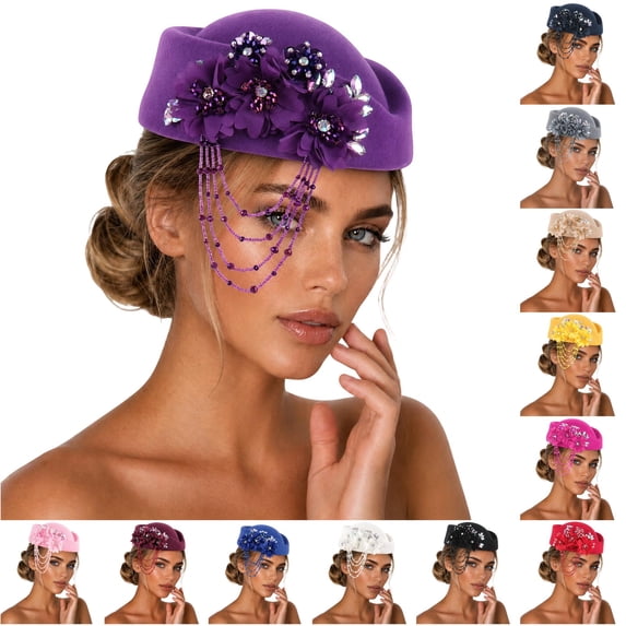 NinXxx Elegant Rhinestone Tassel Beret Hat for Soft Knit Casual Cap Purple