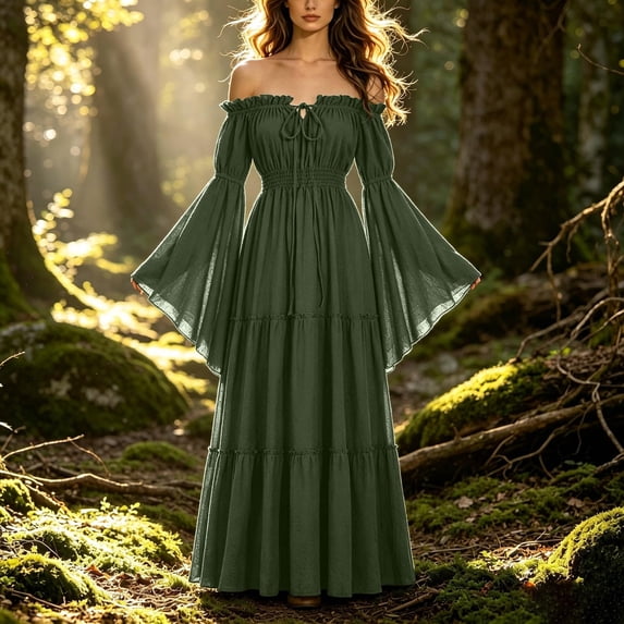 NinXxx Elegant Shoulder Lace Sleeved Gown Casual Sophisticated Party Dress Green XXL
