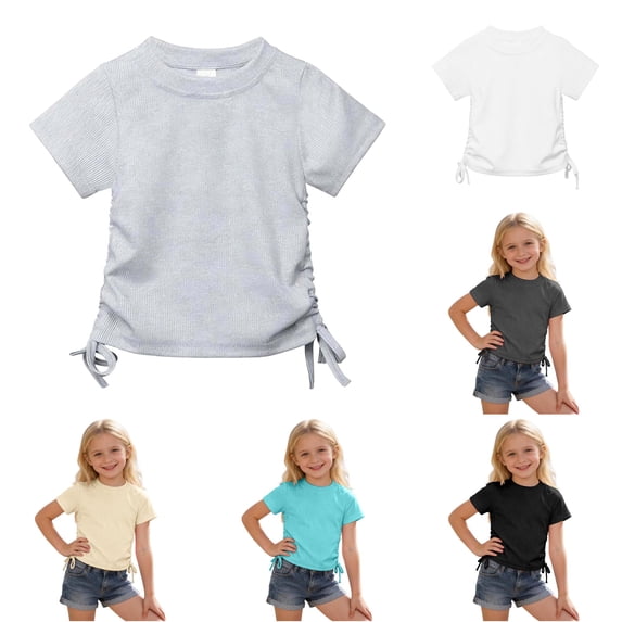 NinXxx Girls Fashion Ribbed Knit Tie Shoulder Basic Shirt Grey 3-4 Years