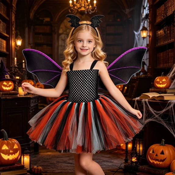 NinXxx Girls Halloween Dress Tutu Skirt With And Headband Party Fancy Outfit Orange 3-4 Years