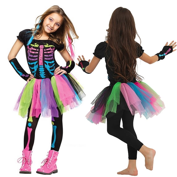 NinXxx Girls Halloween Outfit Skeleton Jumpsuit For Kids Party Dress Up Cosplay Trick Or Black 7-9 Years