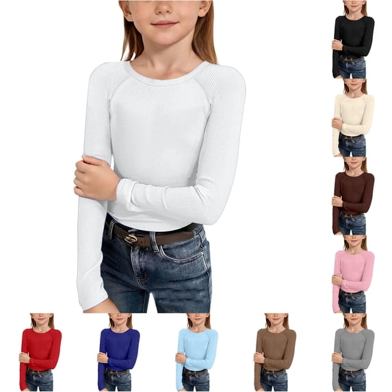 NinXxx Girls Long Sleeve Ribbed Raglan Stretchy Crew Neck Tee White 5-6 Years