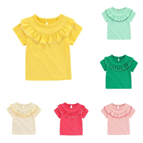 NinXxx Girls Ruffle Tee Round Neck Soft Daily Blouse Yellow 4-5 Years