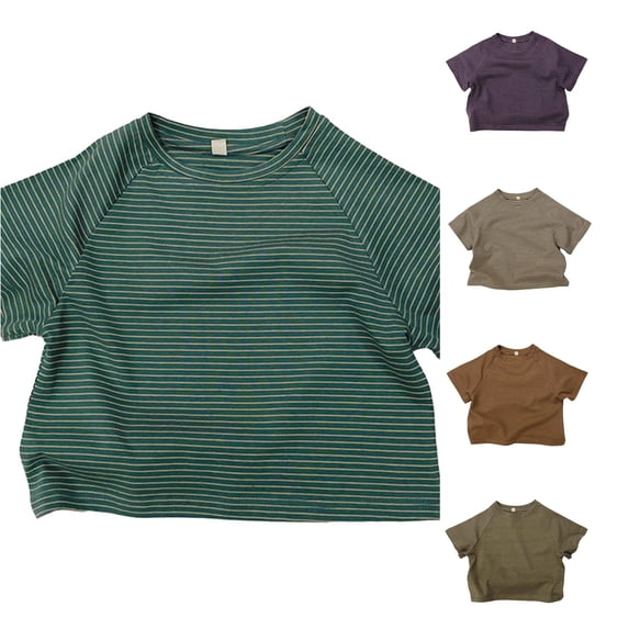 NinXxx Girls Striped Short Sleeve Crewneck Comfy Summer Tee Dark Green 4-5 Years