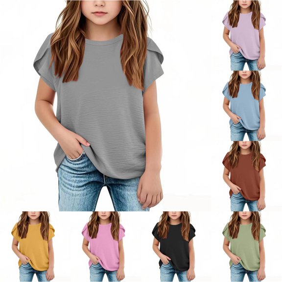 NinXxx Girls Summer Pure Color Round Neck Linen Blend Tee Shirt Grey 3-4 Years