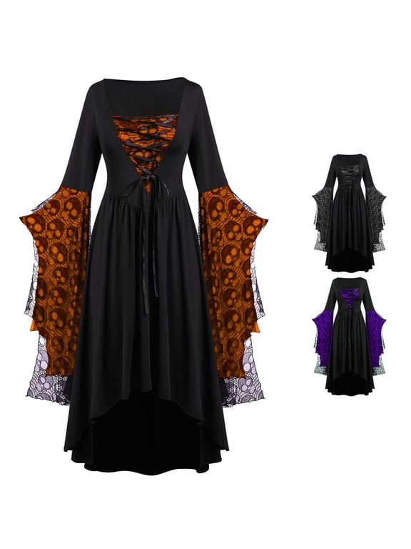 Gothic Steampunk Off Shoulder Button Irregular Dress Costume Orange L