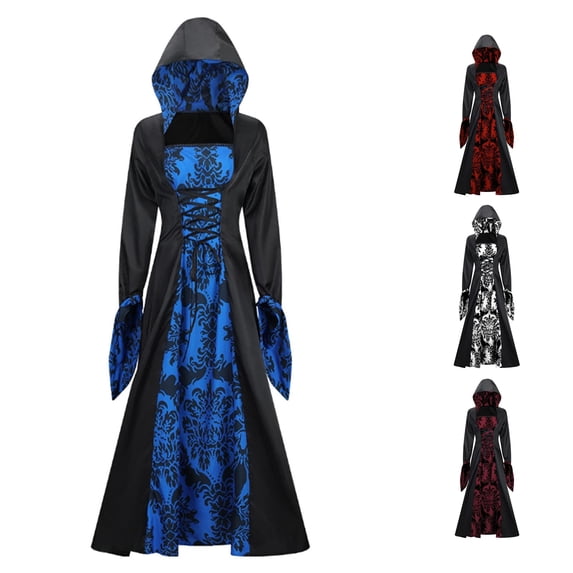 NinXxx Hooded Swing Print Retro Art Long Sleeve Tie Waist Party Dress Blue S