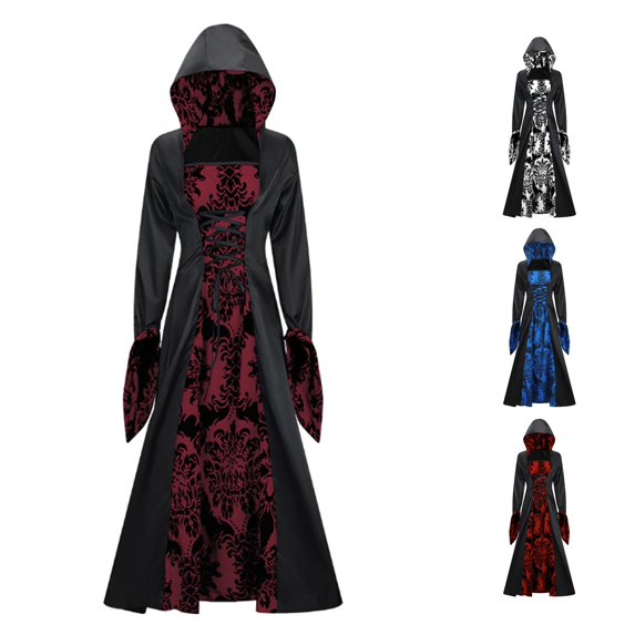 NinXxx Hooded Swing Print Retro Art Long Sleeve Tie Waist Party Dress RD2 L