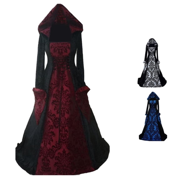 NinXxx Hooded Swing Print Retro Art Long Sleeve Tie Waist Party Dress Red S
