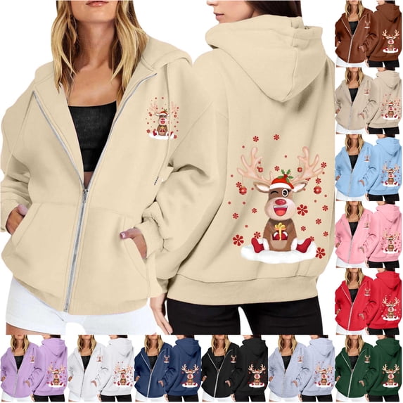 NinXxx Ladies' Christmas Zipper Long Sleeve Pocket Drawstring Hooded Sweatshirt Beige L