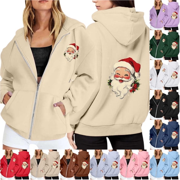 NinXxx Ladies' Christmas Zipper Long Sleeve Pocket Drawstring Hooded Sweatshirt Beige M