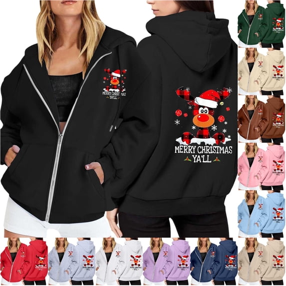NinXxx Ladies' Christmas Zipper Long Sleeve Pocket Drawstring Hooded Sweatshirt Black L
